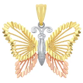 14k Solid Tri-Color Gold Textured Open Butterfly Pendant