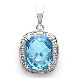 14k White Gold Cushion-Cut Blue Topaz and Diamond Pendant