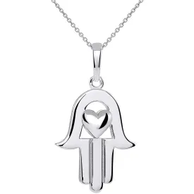 14k White Gold Polished Hamsa Hand of Fatima with Heart Pendant Necklace