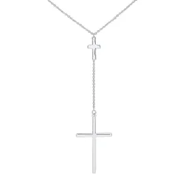 14k White Gold Traditional Double Cross Necklace with Lobster Claw Clasp