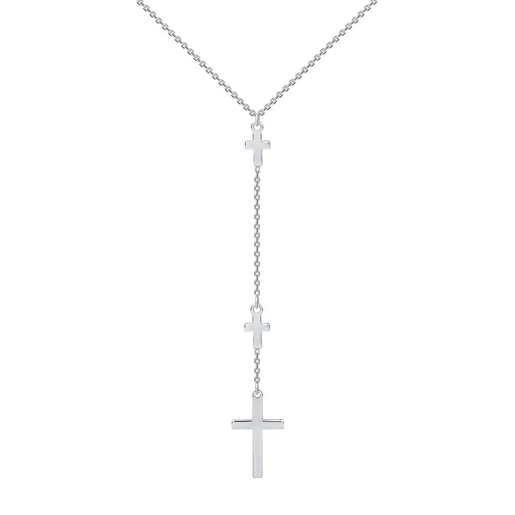 14k White Gold Traditional Triple Cross Necklace with Lobster Claw Clasp