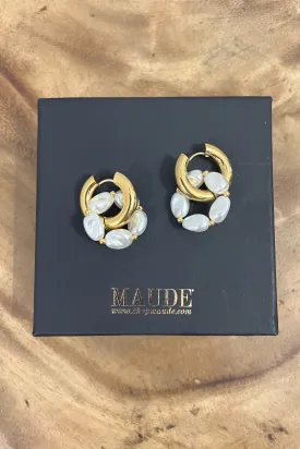 18K Double Hoop Pearl Earrings