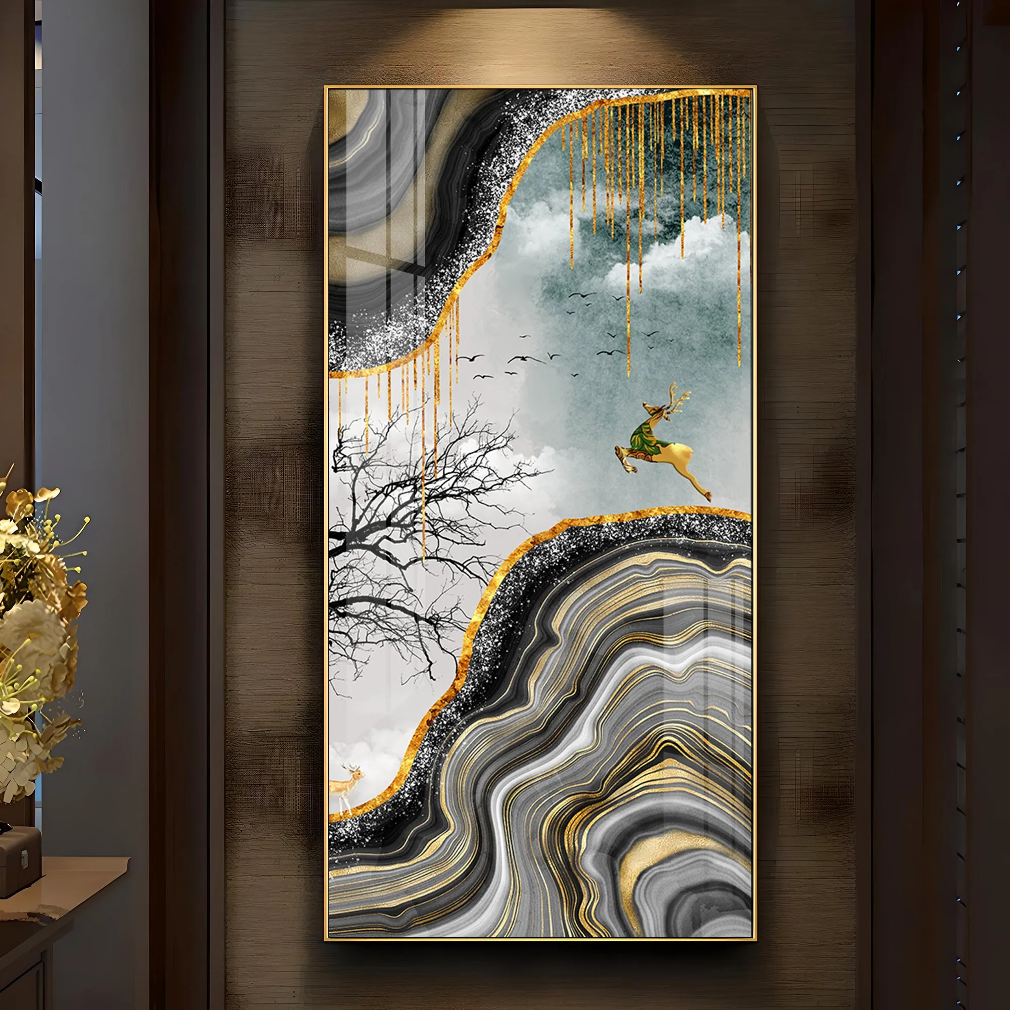 Abstract Golden Deer Luxury Crystal Wall Art