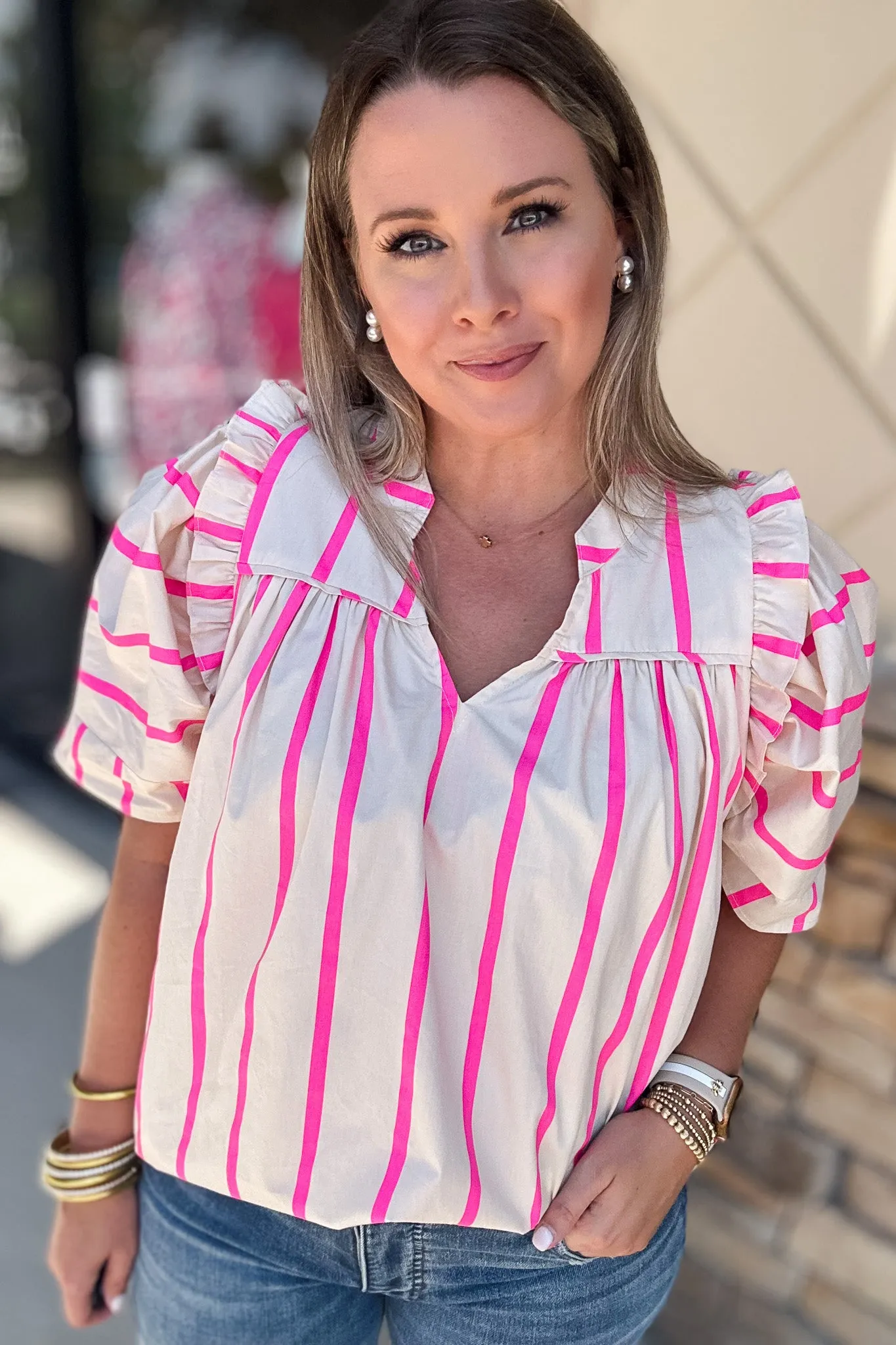 Cream And Pink Stripe Ruffle Top