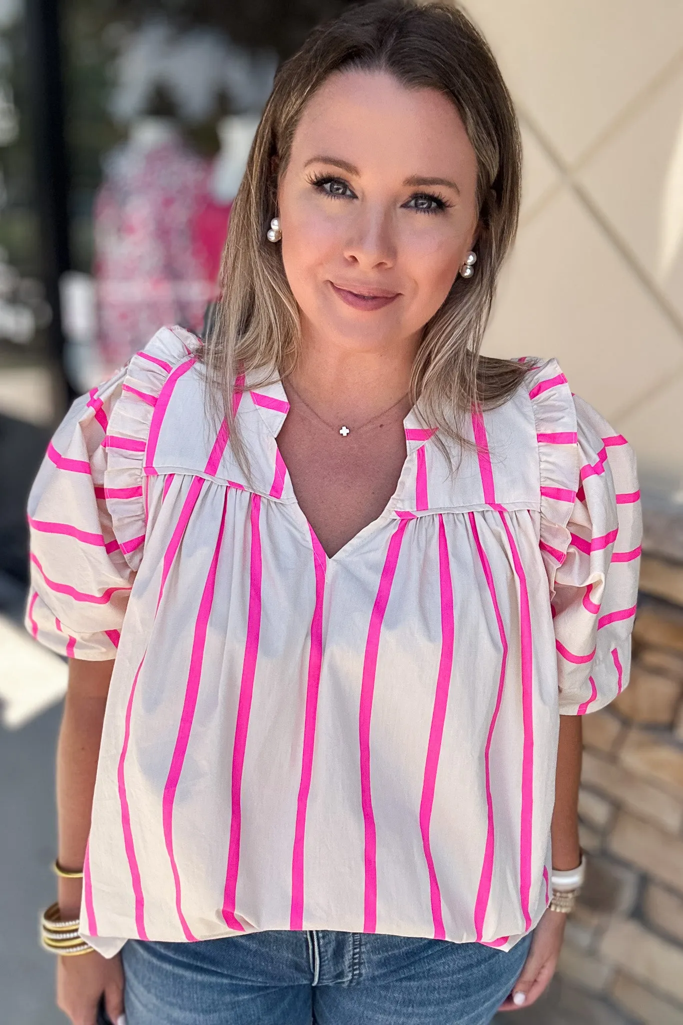 Cream And Pink Stripe Ruffle Top