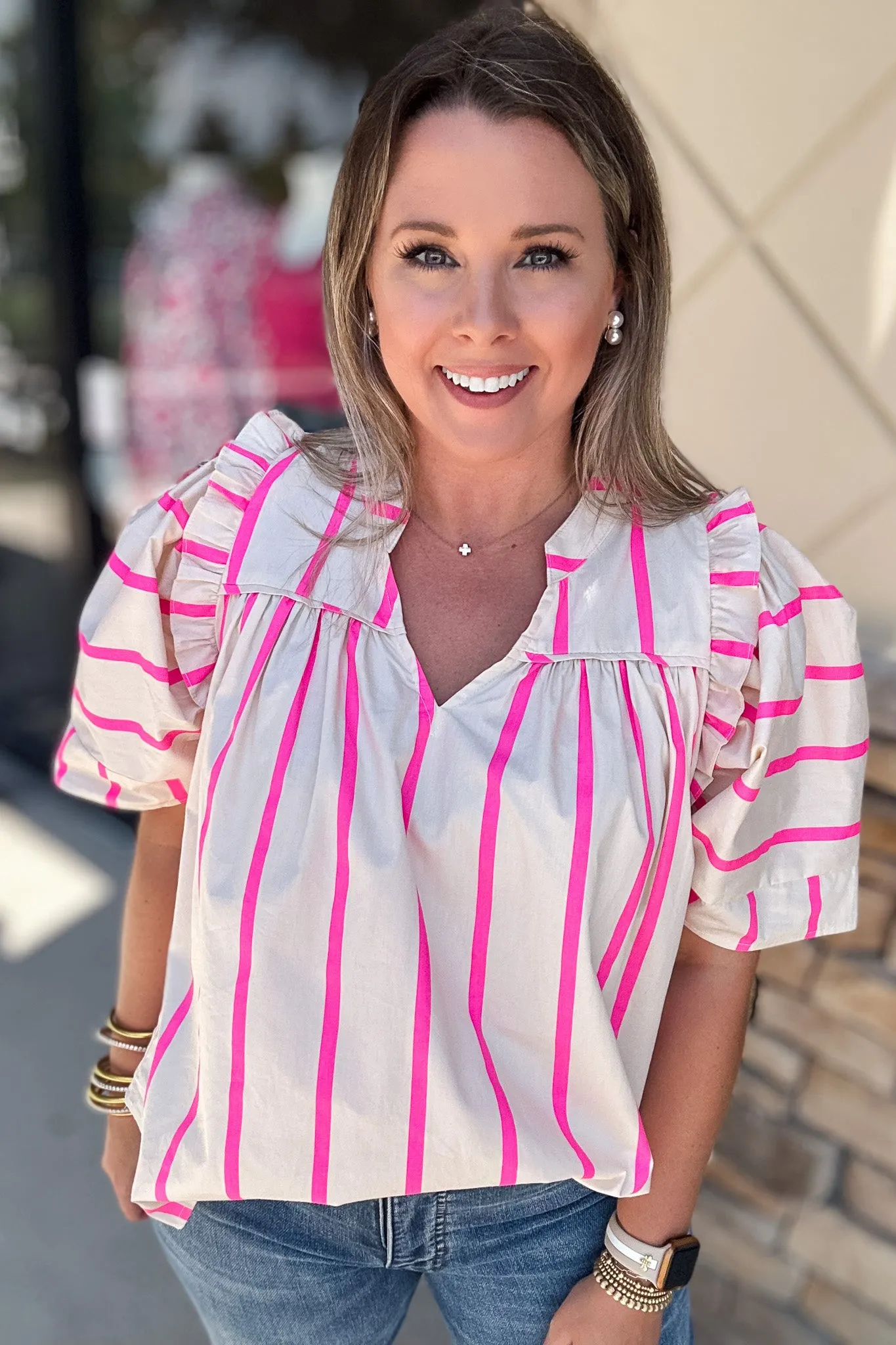 Cream And Pink Stripe Ruffle Top