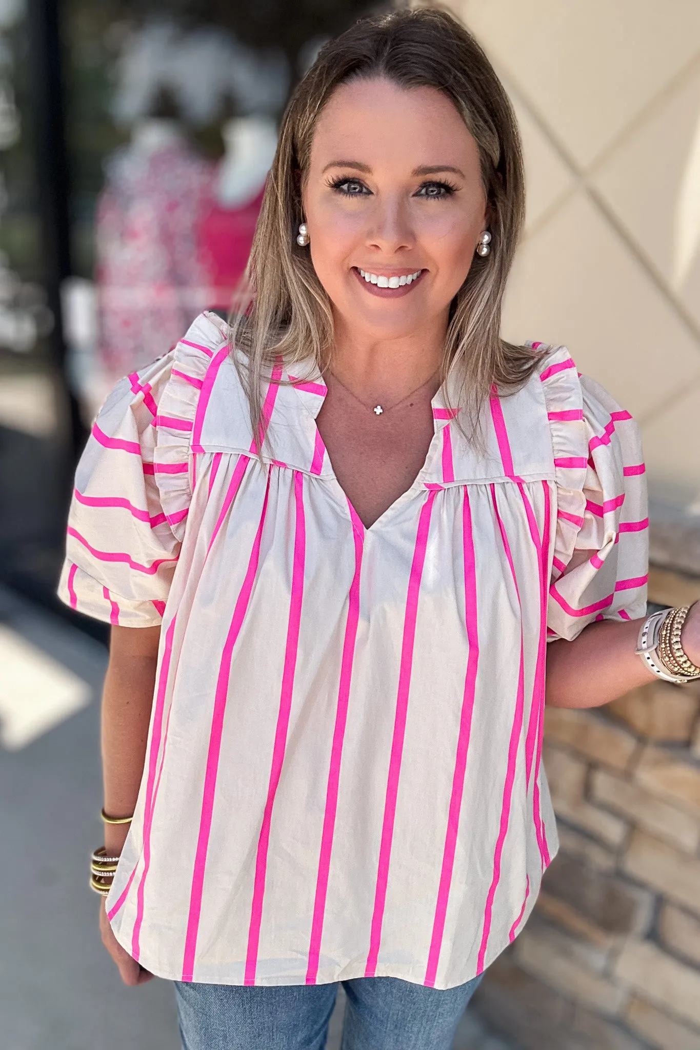 Cream And Pink Stripe Ruffle Top