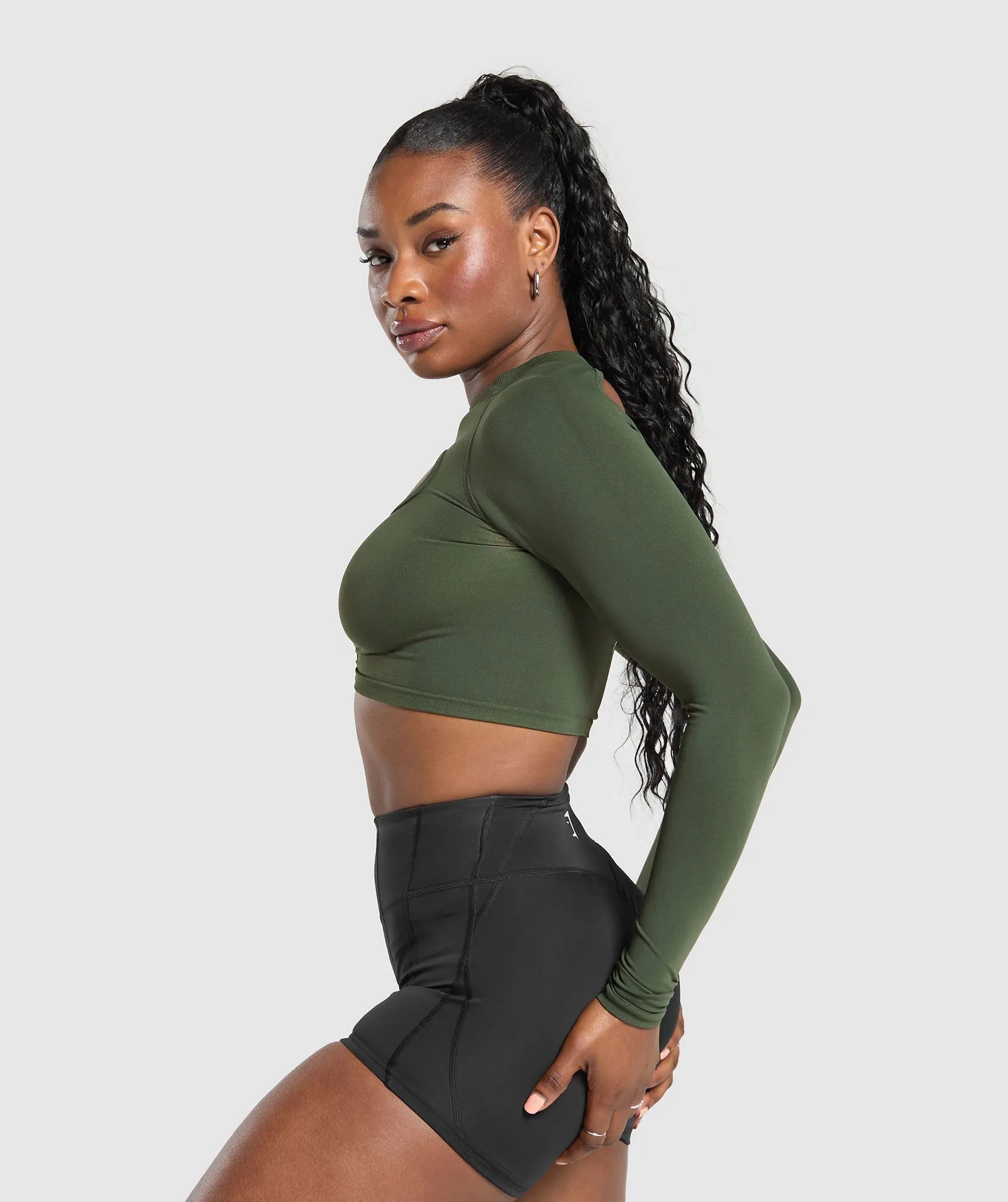 Gymshark Apex Limit Seamless Long Sleeve Crop Top - Winter Olive