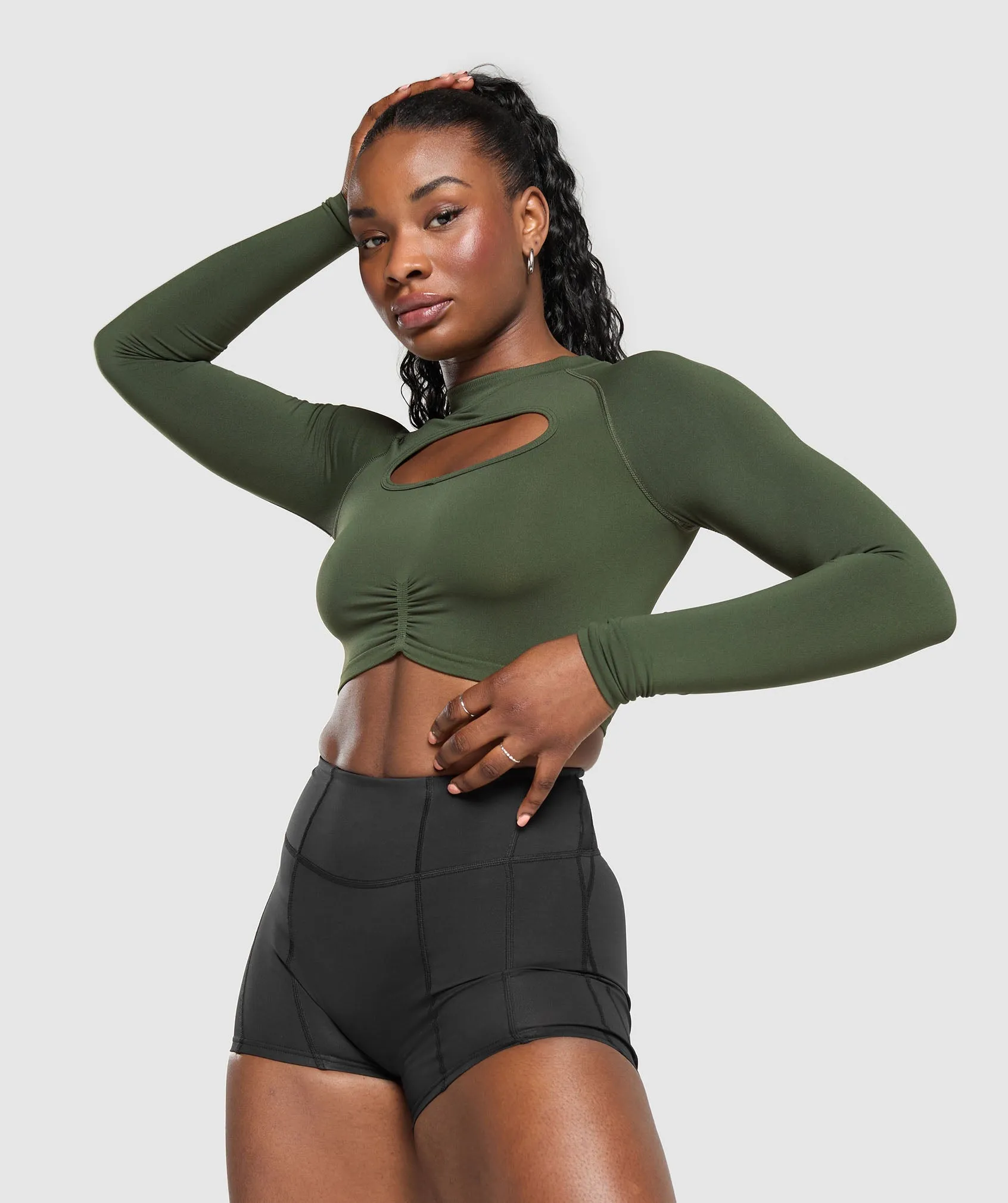 Gymshark Apex Limit Seamless Long Sleeve Crop Top - Winter Olive