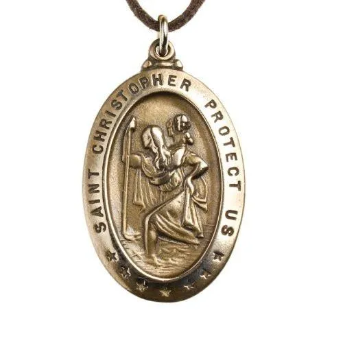 Saint Christopher Peace Bronze Pendant Necklace on Rolo Chain