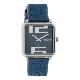 Silver coloured OOZOO watch with dark blue leather strap - C10366