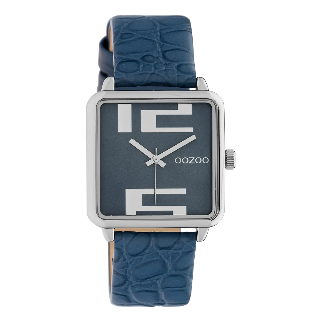 Silver coloured OOZOO watch with dark blue leather strap - C10366