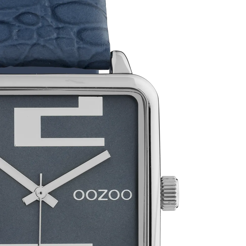 Silver coloured OOZOO watch with dark blue leather strap - C10366